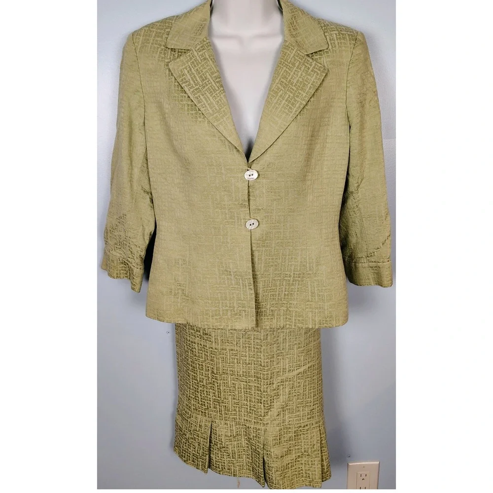 Sage‎ Green Textured Skirt Suit Set 6 3/4 Sleeve Jacket Pencil Skirt old money